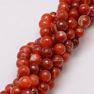 Natural Striped Agate/Banded Agate Bead Strands, Dyed, Faceted, Round, Dark Orange, 10mm, Hole: 1.5mm, about 38pcs/strand, 14 inch(X-G-G882-10mm-D03)