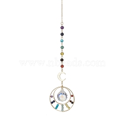 7 Chakra Natural & Synthetic Mixed Stone Beads Pendant Decorations, Glass Teardrop and Brass Ring Hanging Decorations, 245mm(HJEW-TA00109)
