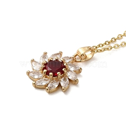 Brass Micro Pave Cubic Zirconia Flower Pendant Necklaces for Women, 201 Stainless Steel Cable Chain Necklaces, Dark Red, 15.94 inch(40.5cm)(NJEW-E106-03KCG-01)