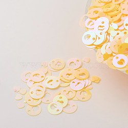 Ornament Accessories Plastic Paillette/Sequins Charms, Flat Round with Heart, Yellow, 8x0.1mm, Hole: 1.4mm(X-PVC-E001-11-RC01)