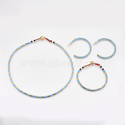 Spray Painted Alloy Jeweley Sets, with Beads Necklaces, Beads Bracelets and Stud Earrings, Golden, Light Sky Blue, 16.53 inch(42cm), 7-1/2 inch(19cm), 47.5~49x47~47.5mm, Pin: 0.7mm.(SJEW-S044-01B)