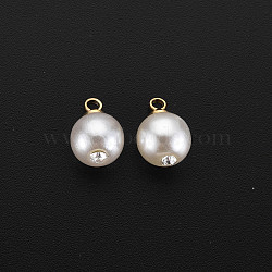 ABS Plastic Imitation Pearl Charms, with Golden Plated Brass Loop and Crystal Rhinestone, Round, Creamy White, 12x8mm, Hole: 1.6mm(KK-N242-016)