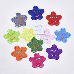 Computerized Embroidery Cloth Iron On/Sew On Patches, Costume Accessories, Appliques, Star with Smile Face, Mixed Color, 39.5x43x1.5mm, about 12colors, 1color/10pcs, 120pcs/bag(AJEW-S076-011)