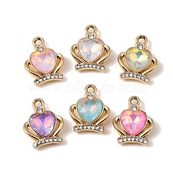 UV Plating Alloy Glass Pendants, Heart Crowm Charm with Rhinestone, Faceted, Mixed Color, Golden, 17x13.5x4.5mm, Hole: 1.8mm(FIND-K032-07G)