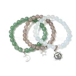 Tibetan Style Star & Moon & Sun Alloy Charm Bracelets, with Natural Green Aventurine & Gray Agate, Quartz(Dyed) Beads, Inner Diameter: 2~2-1/8 inch(5.2~5.5cm)(BJEW-JB01919)