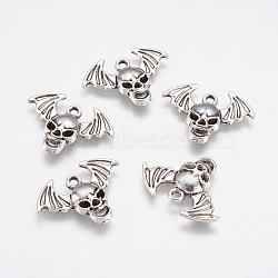 Alloy Pendants, Skull with Wing, Antique Silver, 17x23x3mm, Hole: 1.5mm(PALLOY-G192-08AS)