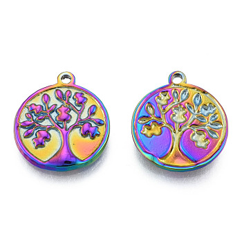 Rack Plating 304 Stainless Steel Pendants, Flat Round with Tree of Life, Rainbow Color, 18x15.5x2mm, Hole: 1.5mm