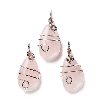 Natural Rose Quartz Pendants, Rack Plating Brass Wire Wrapped Gems Teardrop Charms, Cadmium Free & Lead Free, Rose Gold, 37~40x19~19.5x9.5~10mm, Hole: 4.5~5mm