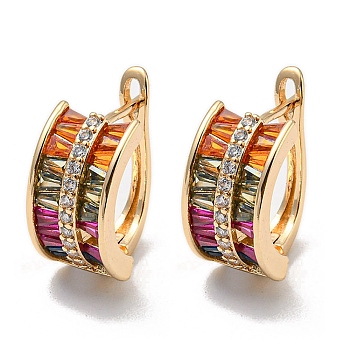 Brass with Colorful Cubic Zirconia Hoop Earrings, Arch, Light Gold, 17.5x8.5mm