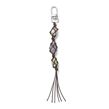 Natural Quartz Crystal Macrame Pouch Tassel Pendant Decorations, with Alloy Swivel Clasps and Polyester Cord Tassel Decorations, Mixed Color, 16x1.3cm
