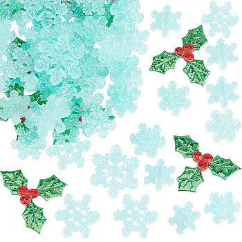100Pcs Mistletoe/Holly Leaf Cloth Ornament Accessories, with 60Pcs 3 Styles Snowflake Resin Cabochons, for Christmas Display Decorations, Mixed Color, 16~30x18.5~38x1~5mm, 160Pcs/box