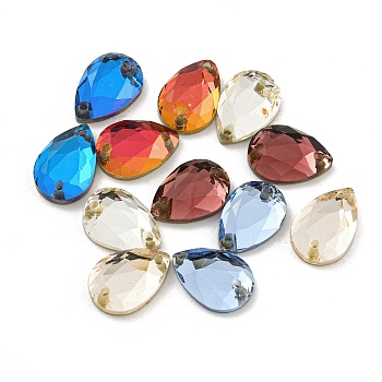 Glass Sew on Rhinestone, 2-Hole Links, Faceted, Costume Accessories, Teardrop, Mixed Color, 10x7x3mm, Hole: 0.8mm