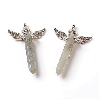 Natural Labradorite Big Pendants, with Rhinestone and Brass Findings, Angel with Bullet, Platinum, 53.5~56x34x9.5~10.5mm, Hole: 2mm