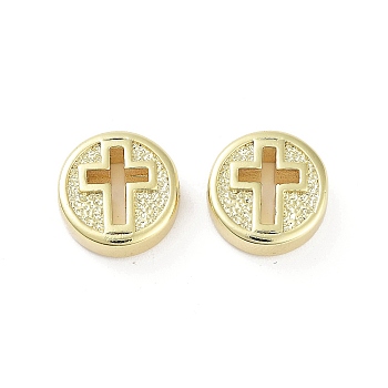 Rack Plating Brass Beads, Long-Lasting Plated, Lead Free & Cadmium Free, Flat Round with Cross, Real 18K Gold Plated, 10.5x4mm, Hole: 1.2mm