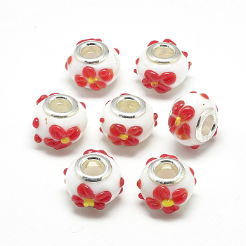 Handmade Lampwork European Beads, Bumpy Lampwork, with Platinum Brass Double Cores, Large Hole Beads, Rondelle with Flower, White, 16x14x10.5mm, Hole: 5mm