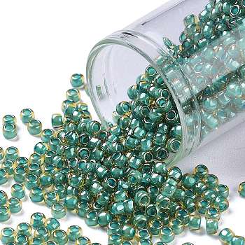 TOHO Round Seed Beads, Japanese Seed Beads, (953) Inside Color Jonquil/Turquoise Lined, 8/0, 3mm, Hole: 1mm, about 1110pcs/50g