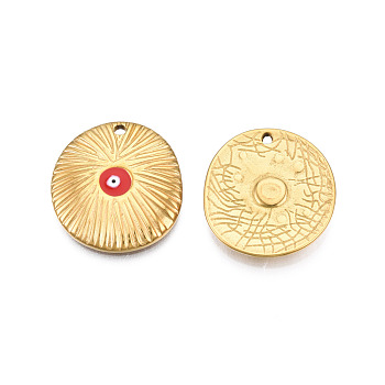 304 Stainless Steel Enamel Pendants, Real 18K Gold Plated, Flat Round with Evil Eye, Dark Red, 19.5x18.5x2mm, Hole: 1.2mm