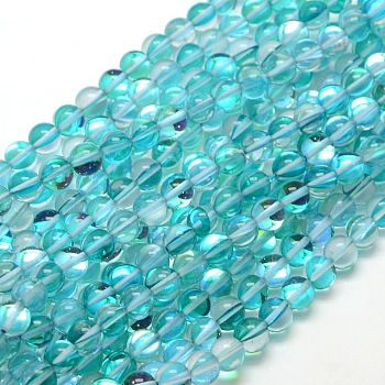 Synthetic Moonstone Beads Strands, Dyed, Holographic Beads, Half AB Color Plated, Round, Turquoise, 8mm, Hole: 1mm, about 49pcs/strand, 15 inch
