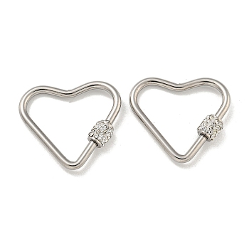 304 Stainless Steel Screw Carabiner Lock Charms, for Necklaces Making, with Polymer Clay Rhinestone, Heart, 23x25x2mm