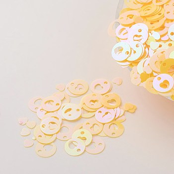 Ornament Accessories Plastic Paillette/Sequins Charms, Flat Round with Heart, Yellow, 8x0.1mm, Hole: 1.4mm
