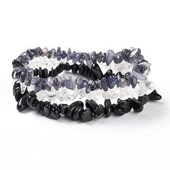 Chips Natural Cordierite & Quartz Crystal & Obsidian Beaded Stretch Bracelets Sets, Stackable Bracelets, Inner Diameter: 2-1/8 inch(5.5cm), 3pcs/set