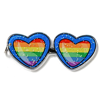 Double-Sided Printed Acrylic Big Pendants, with Iron Jump Ring and Glitter Powder, Heart Glasses with Rainbow Pattern, Royal Blue, 51x21.5x2mm, Hole: 5.5mm