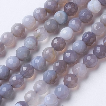 Natural Banded Agate Beads Strands, Dyed & Heated, Faceted, Grade A, Round, Silver, 10mm, Hole: 1.2mm, about 38~41pcs/strand, 14.9 inch(38cm)