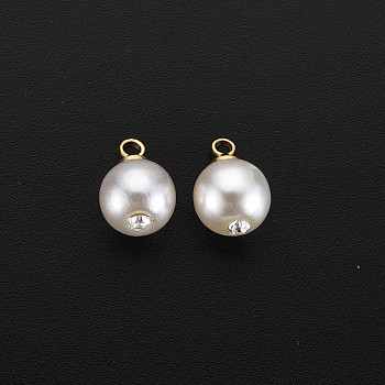 ABS Plastic Imitation Pearl Charms, with Golden Plated Brass Loop and Crystal Rhinestone, Round, Creamy White, 12x8mm, Hole: 1.6mm