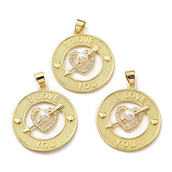 Brass Cubic Zirconia with Plastic Pearl Pendants, Long-Lasting Plated, Lead Free & Cadmium Free, Flat Round, Real 18K Gold Plated, 31.5x28.5x7mm, Hole: 4x5.5mm
