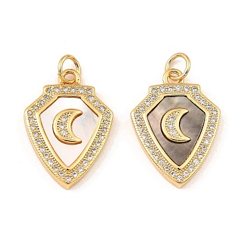 Brass Cubic Zirconia with Shell Pendants, Long-Lasting Plated, Lead Free & Cadmium Free, Shield with Moon, Real 18K Gold Plated, 20.5x15x6mm