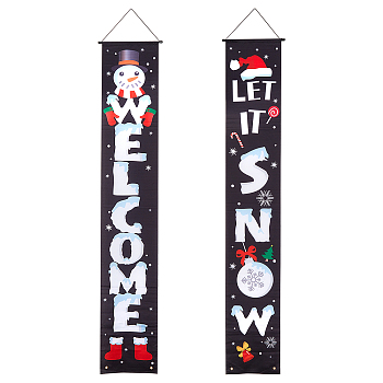 Polyester Hanging Sign for Home Office Front Door Porch Welcome Christmas Decorations, Rectangle with Word Welcome & Let It Snow, Black, 180x30mm, 2pcs/set