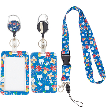 ABS Plastic ID Badge Holder Sets, include Lanyard and Retractable Badge Reel, ID Card Holders with Clear Window, Rectangle with Flower Pattern, Steel Blue, 790mm, 1 set/box