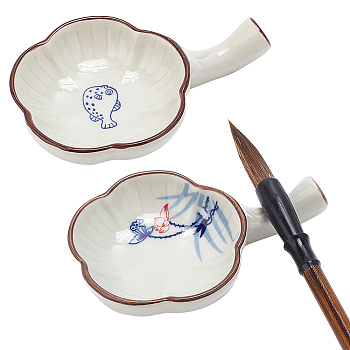 Elite 2Pcs 2 Styles Ceramics Ink Plate with Handle, Porcelain Brush Holder, for Calligraphy Lovers, Flower Shape, Plant & Animal Pattern, 116x76x25mm, 1pc/style