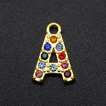 Alloy Rhinestone Charms, Golden, Colorful, Letter, Letter.A, 12.5x8.5x2mm, Hole: 1.5mm