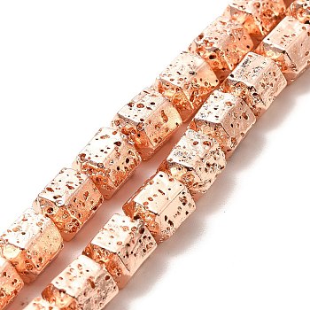 Electroplated Natural Lava Rock Beads Strands, Hexagon Column, Rose Gold Plated, 8x6.5x7.5mm, Hole: 1mm, about 50~51pcs/strand, 15.55~15.94 inch(39.5~40.5cm)