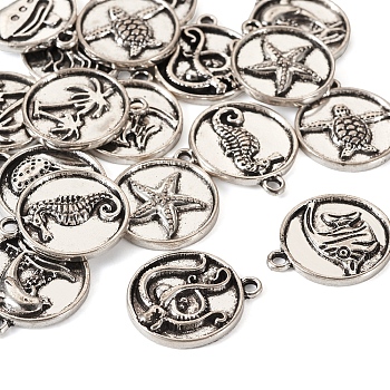 18Pcs 9 Style Alloy Pendants, Flat Round with Ocean Series, Antique Silver, 20x17x2~2.5mm, Hole: 1.8mm, 2pcs/style