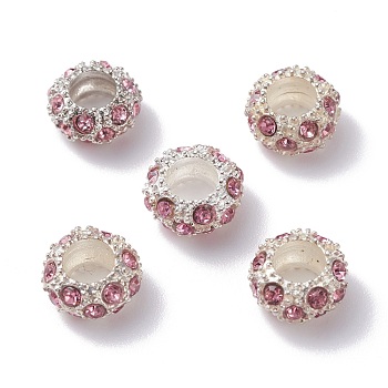 (Defective Closeout Sale: Yellowing) Alloy Rhinestone European Beads, Large Hole Beads, Rondelle, Silver Color Plated, Light Amethyst, 11x5.5mm, Hole: 5.2mm