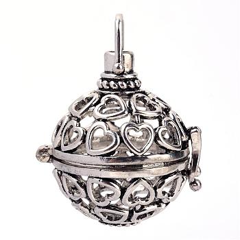 Rack Plating Brass Cage Pendants, For Chime Ball Pendant Necklaces Making, Hollow Round with Heart, Antique Silver, 30x29x24mm, Hole: 5x6mm, inner measure: 19mm