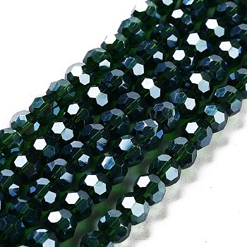 Electroplate Transparent Glass Beads Strands, Faceted, Round, Pearl Luster Plated, Dark Green, 6mm, Hole: 1mm, about 98~100pcs/strand, 20.39~20.59 inch(51.8~52.3cm)