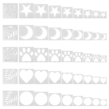 Square PET Plastic Drawing Painting Stencils Templates Sets, Star & Heart & Round & Moon & Paw Print Pattern, White, 6~25.1x6~25.1x0.02cm, 40pcs/set