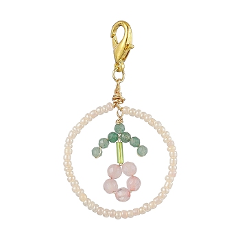 Ring Handmade Glass Seed Beads Pendant Decorations, Natural Green Aventurine & Rose Quartz Flower & Lobster Clasp Charms for Bag Ornaments, 60mm