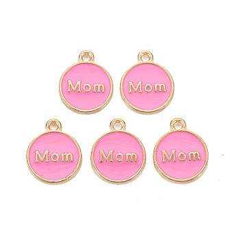 Alloy Enamel Charms, Cadmium Free & Lead Free, Light Gold, Flat Round with Mom, Pearl Pink, 14.5x12x2mm, Hole: 1.4mm