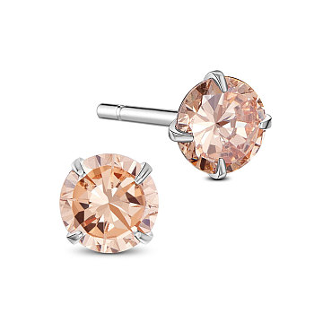 SHEGRACE Rhodium Plated 925 Sterling Silver Four Pronged Ear Studs, with AAA Cubic Zirconia and Ear Nuts, PeachPuff, 4mm