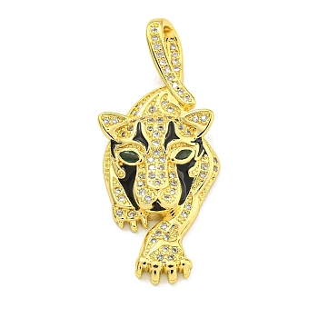 Brass Micro Pave Cubic Zirconia Pendants, Enamel Leopard Charms, Real 18K Gold Plated, 37.5x19.8x4.5mm, Hole: 6x3mm