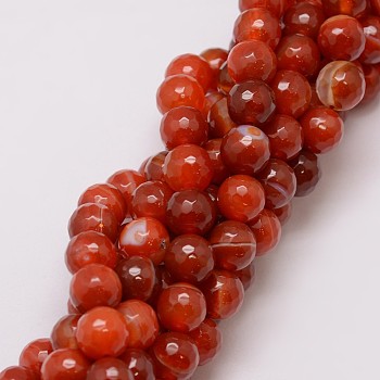 Natural Striped Agate/Banded Agate Bead Strands, Dyed, Faceted, Round, Dark Orange, 10mm, Hole: 1.5mm, about 38pcs/strand, 14 inch