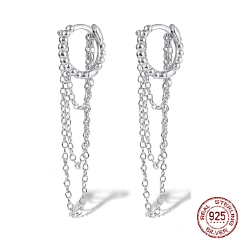Rhodium Plated 925 Sterling Silver Hoop Earrings, Chains Tassel Earrings, Platinum, 36mm