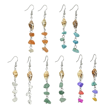 Natural & Synthetic Gemstone Chip Dangle Earrings, Spiral Shell Jewelry for Women, Mixed Color, 68~70x8~9mm