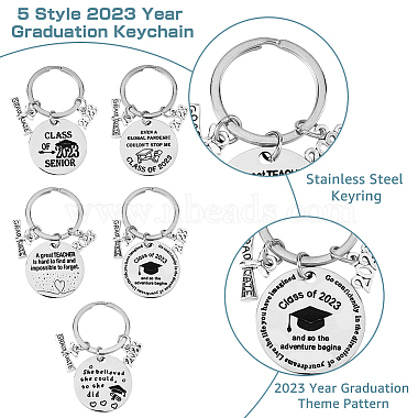 5Pcs 5 Style Class of 2023 Graduation Gifts Stainless Steel Keychain(KEYC-FH0001-32A)-3