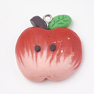 Handmade Polymer Clay Pendants, with Iron Findings, Apple, Platinum, Red, 28x27x11mm, Hole: 2mm(X-CLAY-T012-04)