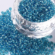 12/0 Glass Seed Beads, Silver Lined Round Hole, Round, Steel Blue, 12/0, 2mm, Hole: 1mm, about 3333pcs/50g, 50g/bag, 18bags/2pounds(SEED-US0003-2mm-23B)